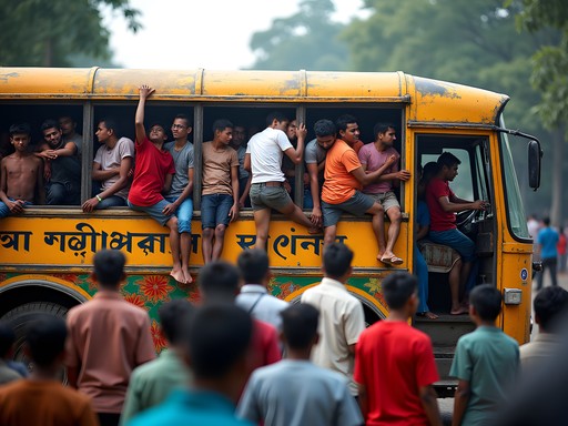 Overcrowded public bus in Dhaka with passengers hanging from doors and windows
