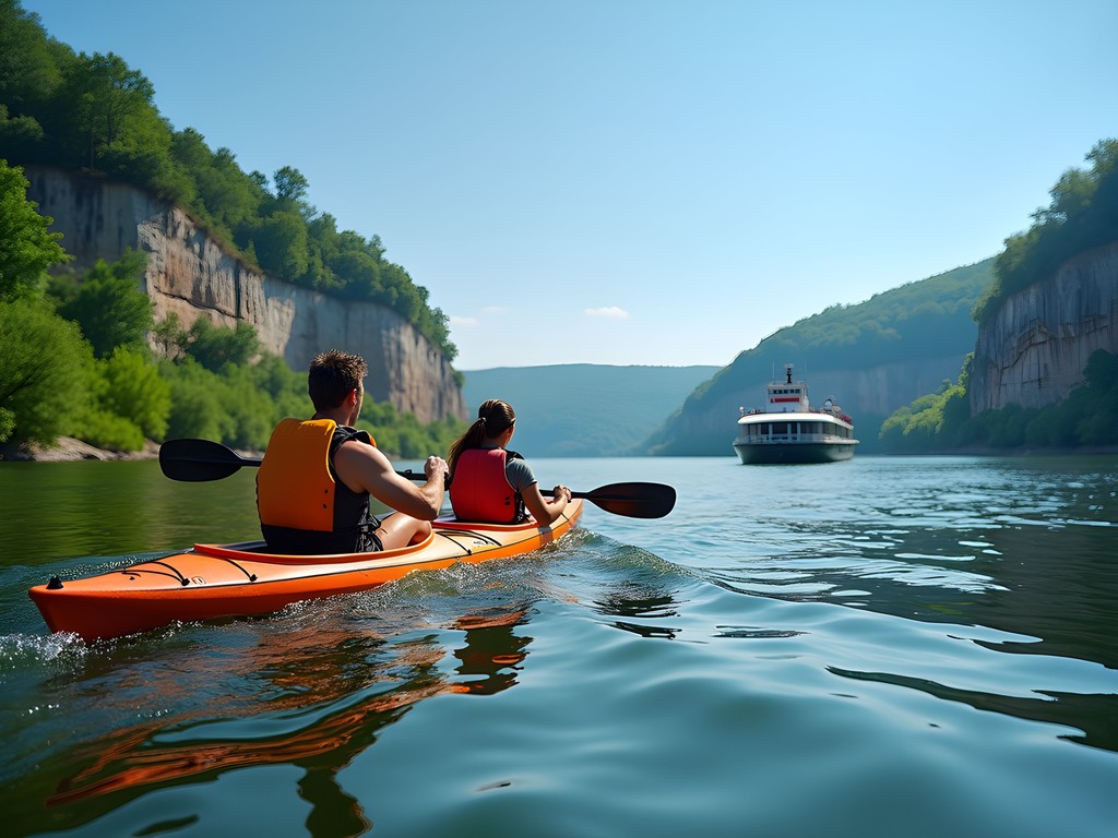Couple kayaking on calm Mississippi River waters near Dubuque Iowa