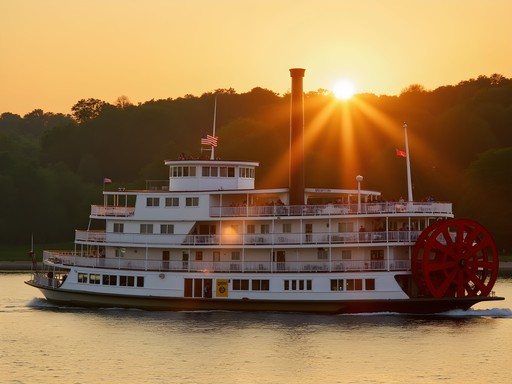 Spirit of Dubuque paddlewheel riverboat on Mississippi River at sunset