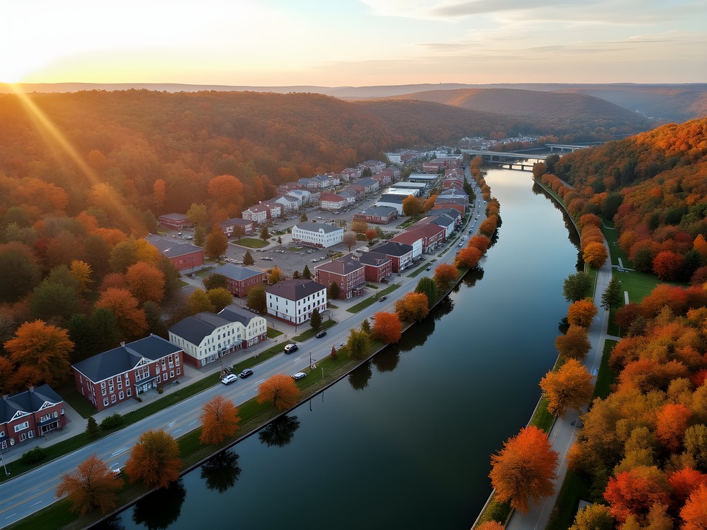 Scenic view of Dubuque Iowa and Mississippi River with fall foliage