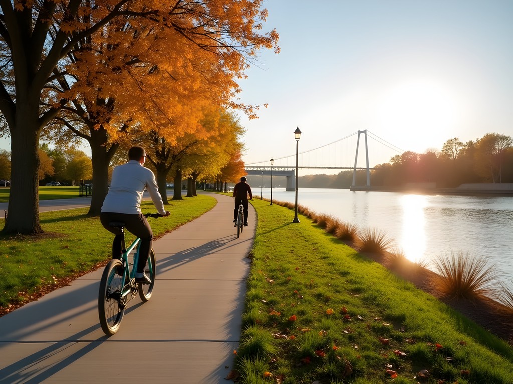 Cyclists on Dubuque Riverwalk trail along Mississippi River in autumn