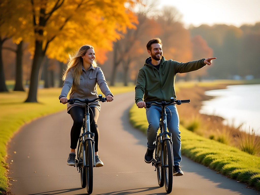 Couple riding electric bikes along the Mississippi River Trail in Dubuque with fall colors