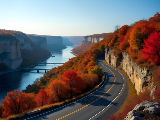 Winding scenic drive along the Mississippi River with spectacular fall foliage near Dubuque, Iowa