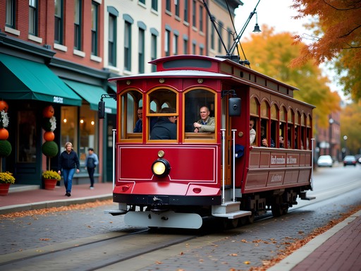 Vintage red trolley car touring through historic downtown Dubuque with fall decorations