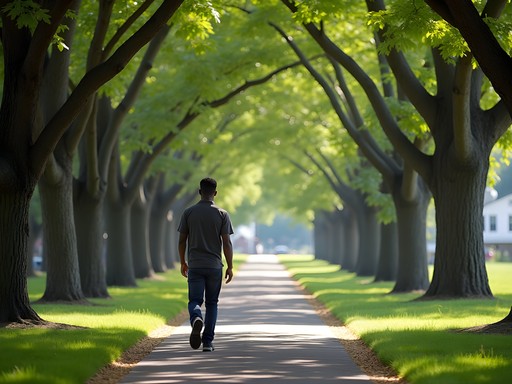 African American man walking along tree-lined Veterans Memorial Parkway in East Providence