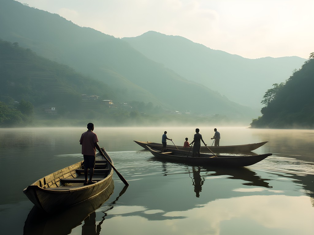 Traditional wooden canoe transportation on Lake Bunyonyi with misty hills
