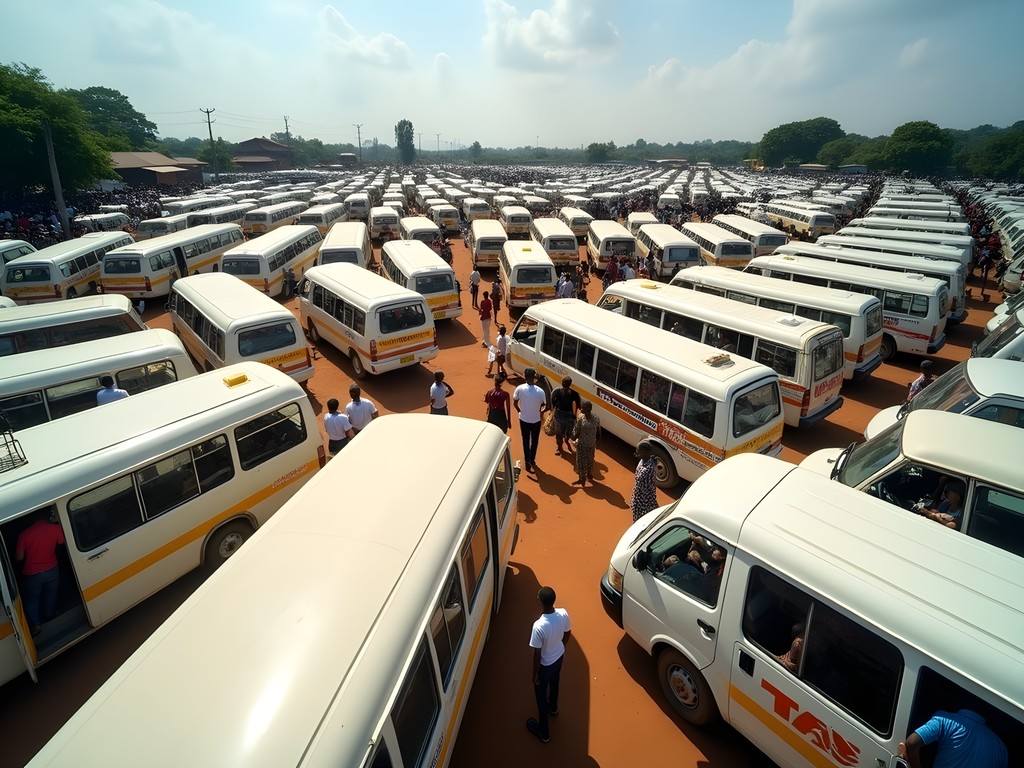 Busy matatu taxi park in Kampala with colorful minibuses