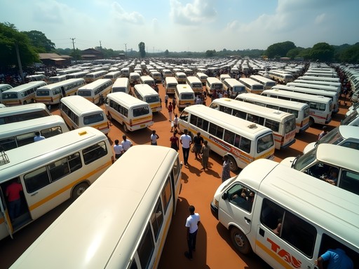 Busy matatu taxi park in Kampala with colorful minibuses