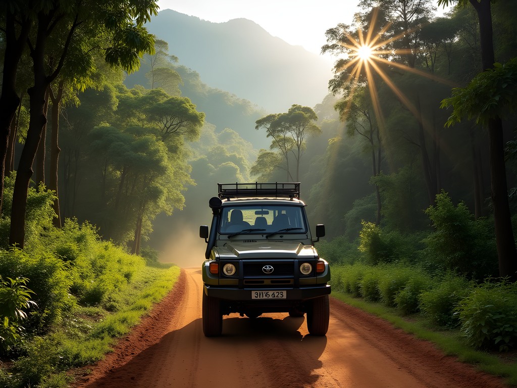 4x4 safari vehicle on dirt road in Bwindi Impenetrable Forest, Uganda