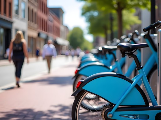 Bike Erie rental station in downtown Erie with historic buildings in background