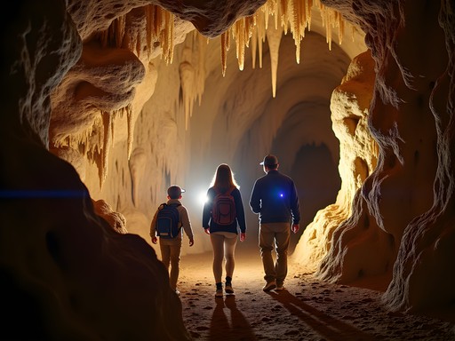 Family exploring Carlsbad Caverns with headlamps