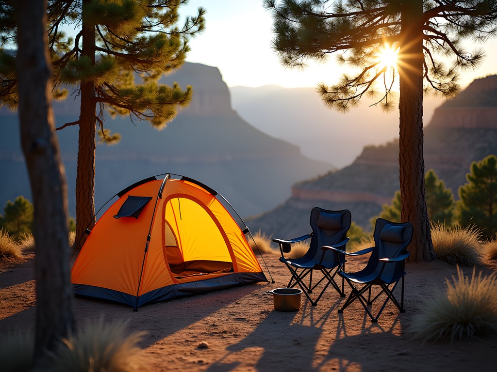 Family campsite setup near Grand Canyon with tent and camp kitchen