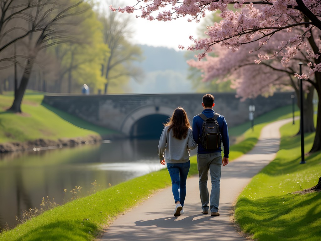 Couple walking along the C&O Canal towpath with spring blossoms and historic lock structure