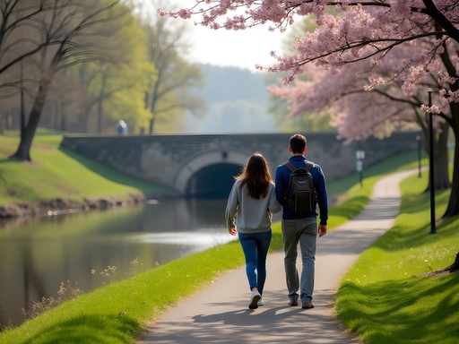 Couple walking along the C&O Canal towpath with spring blossoms and historic lock structure