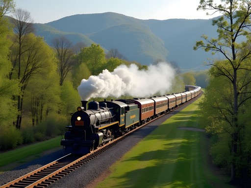 Steam locomotive of the Western Maryland Scenic Railroad traversing mountain landscape in spring