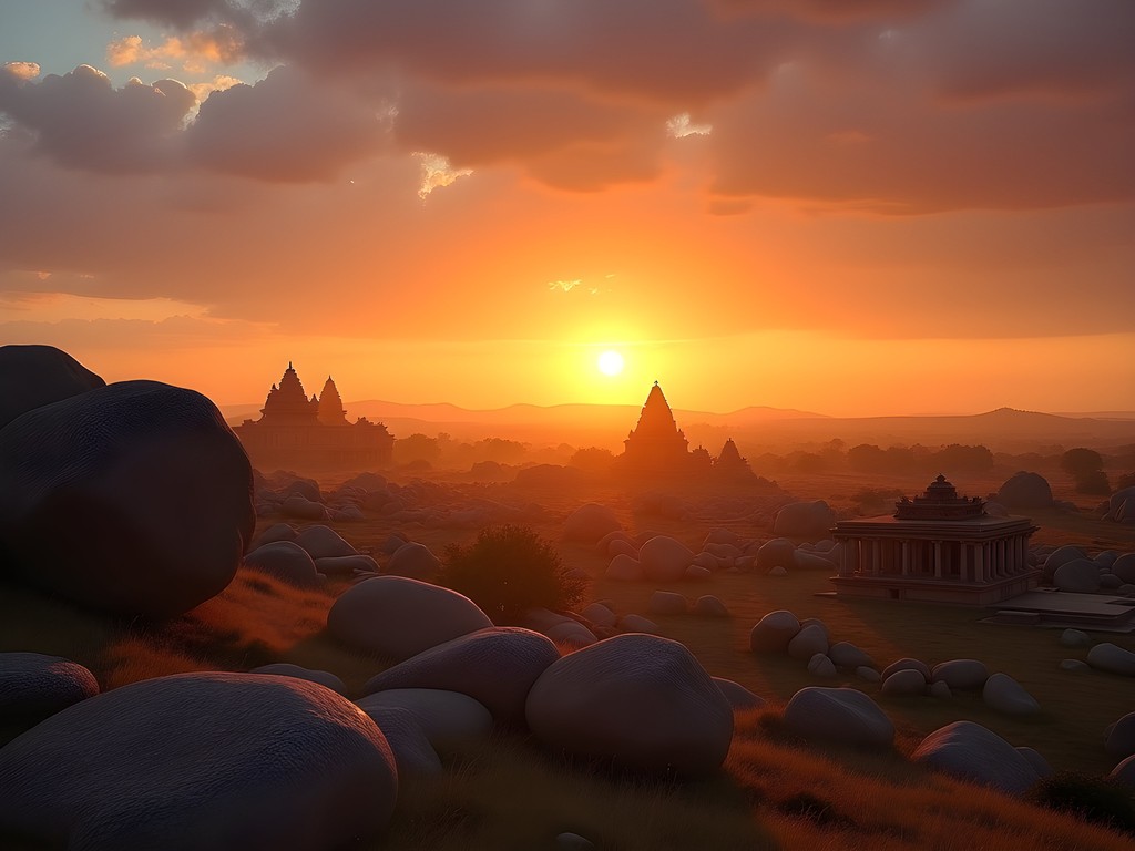 Ancient boulder formations and temple ruins in Hampi, Karnataka at sunrise