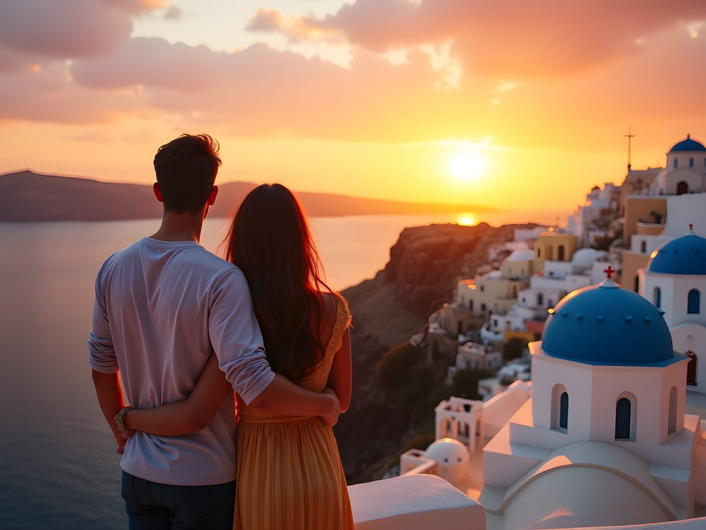 Couples watching famous Santorini sunset from Oia village with caldera views