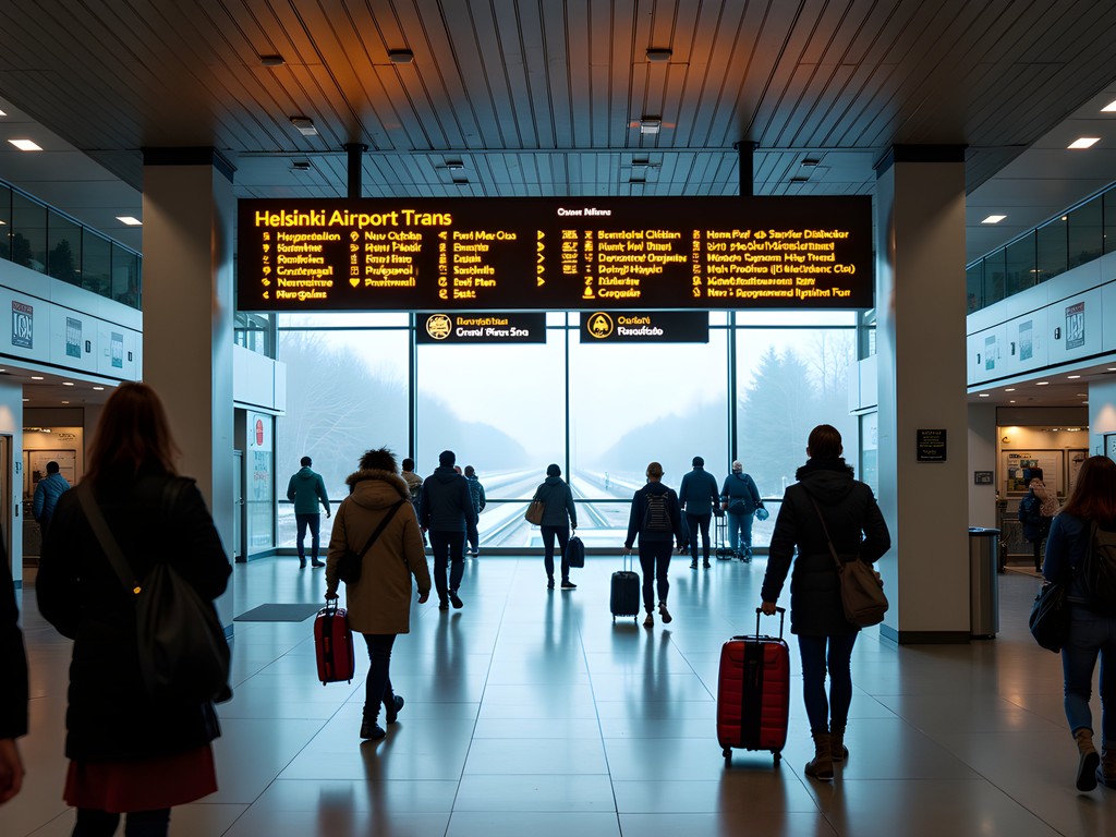 Helsinki Airport Train Station entrance with winter travelers
