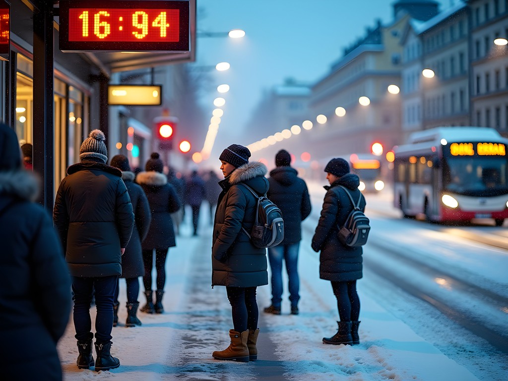 Travelers waiting at Helsinki bus stop during winter snowfall
