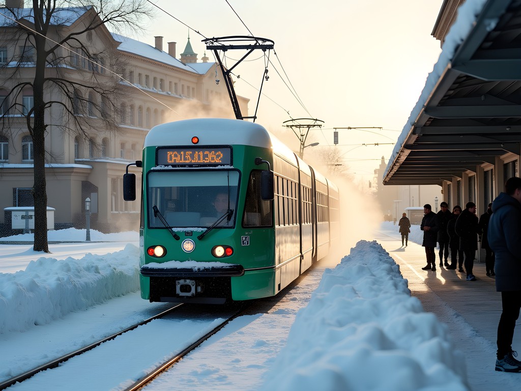 Helsinki tram navigating snowy tracks near Central Railway Station
