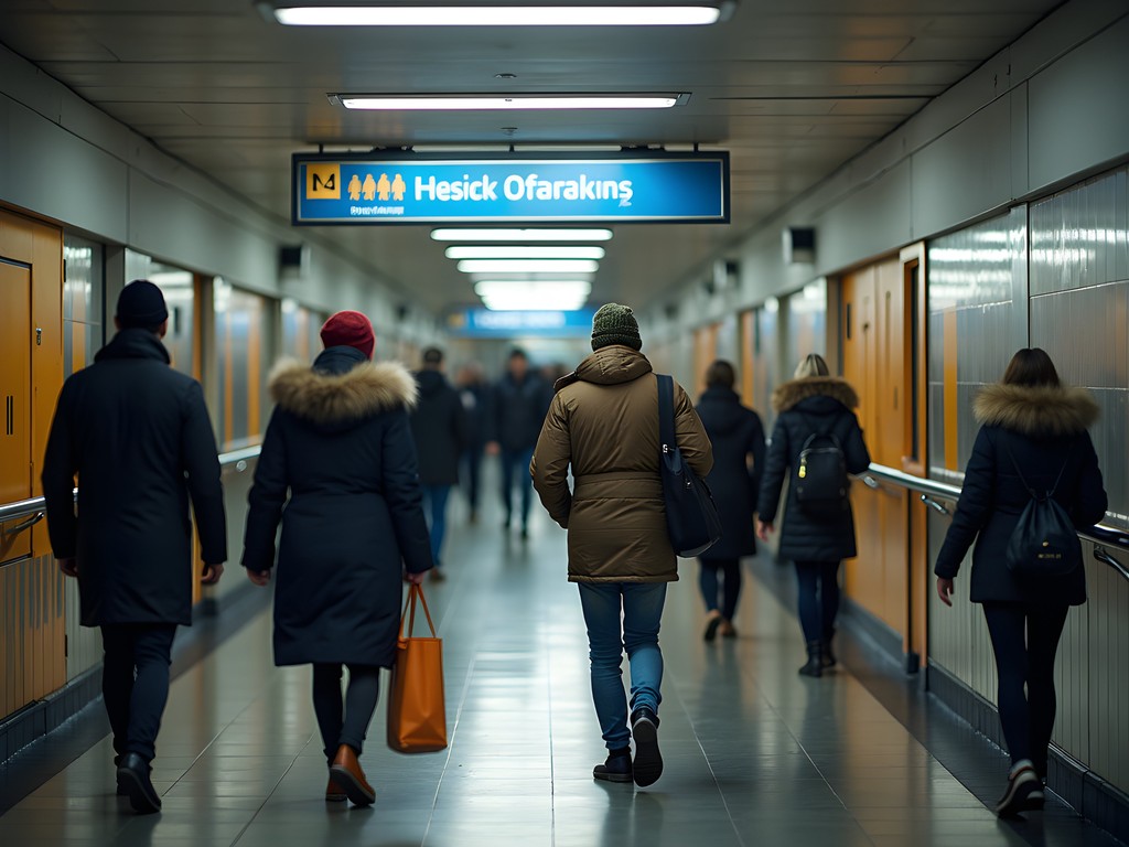 Passengers safely navigating Helsinki metro station in winter conditions