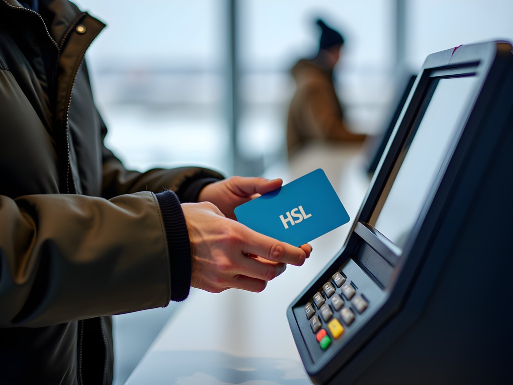 Purchasing HSL card at Helsinki Airport R-kioski in winter