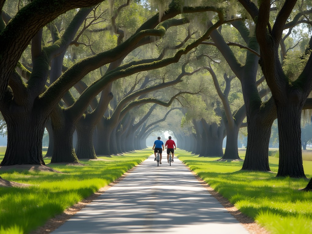 Person cycling on Hilton Head Island bike path under Spanish moss-draped oak trees