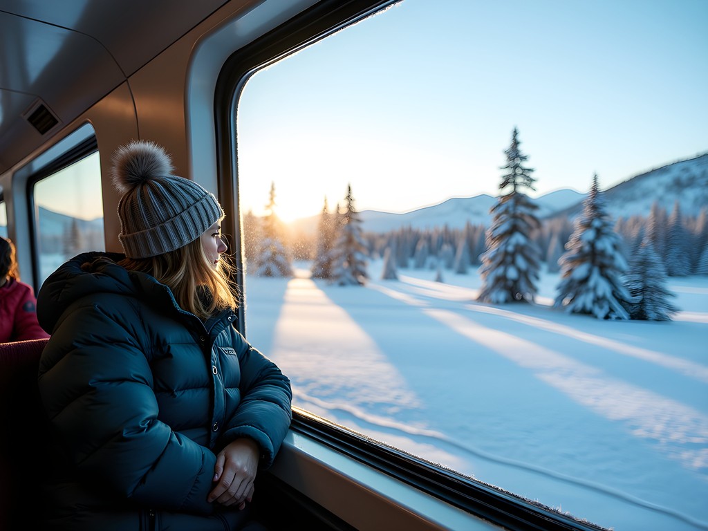 Train journey through snowy Swedish Lapland landscape between Kiruna and Abisko