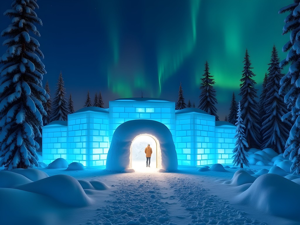 The stunning exterior of Sweden's Ice Hotel in Jukkasjärvi covered in snow