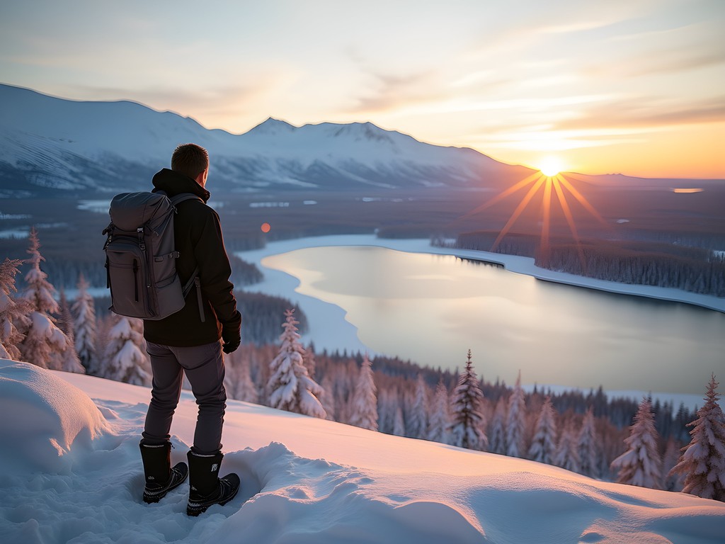 Solo traveler enjoying panoramic view of Abisko National Park in winter