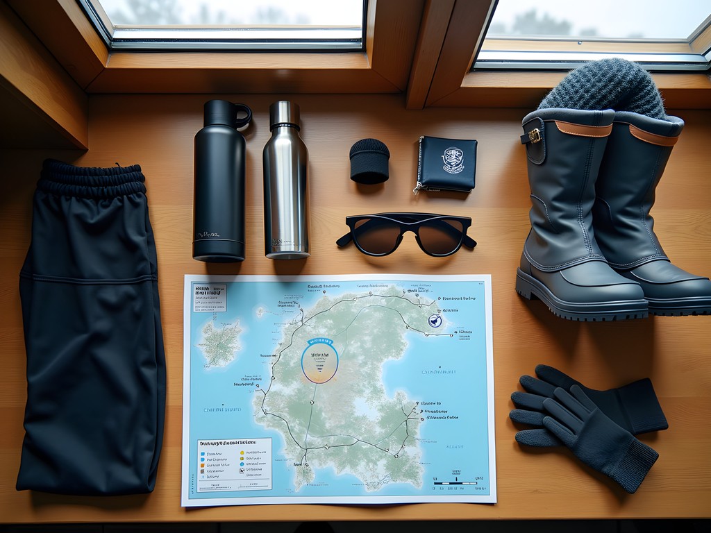 Essential winter gear laid out for an Arctic journey in Swedish Lapland