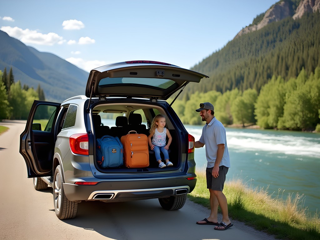 Family loading luggage into SUV rental with Idaho Falls scenery