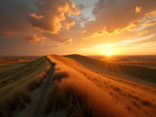 Rolling Sandhills of Nebraska at sunset with golden light on grasslands
