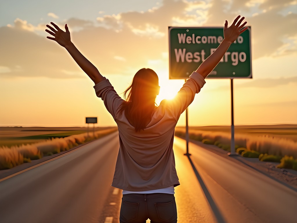 Woman celebrating arrival in West Fargo with arms raised in triumph
