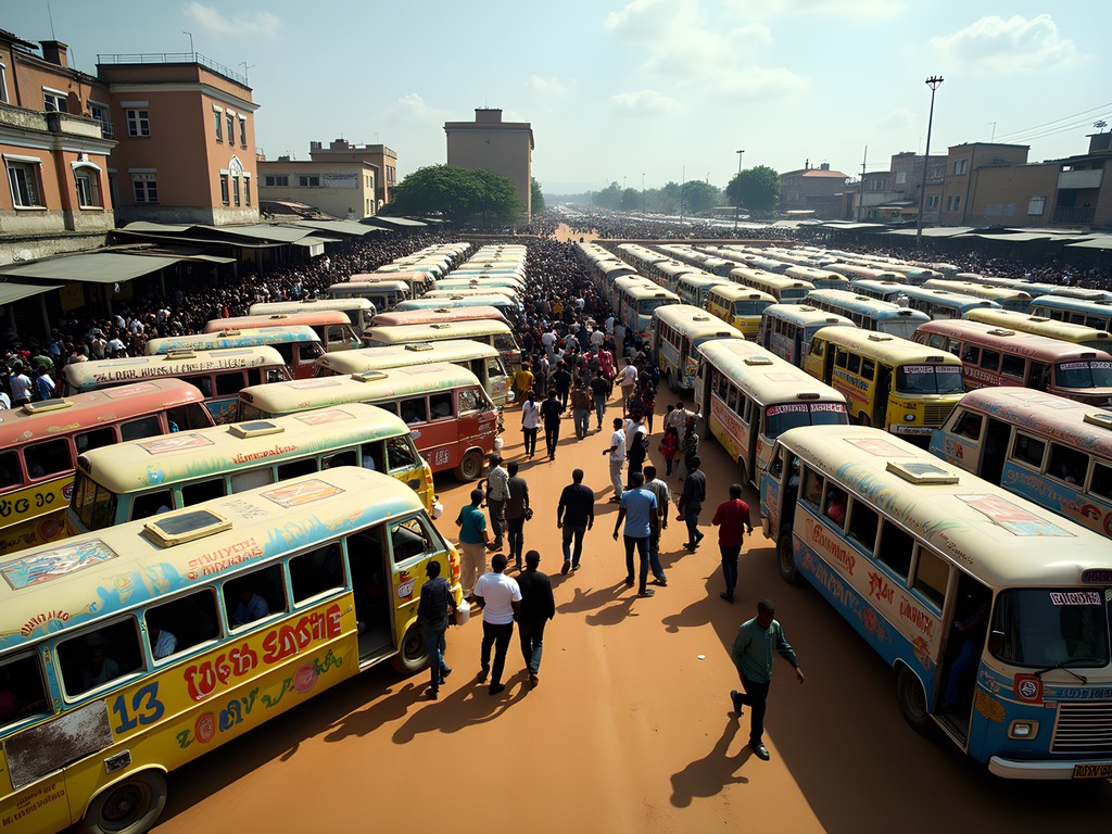 Busy matatu station in downtown Kisumu with colorfully decorated minibuses