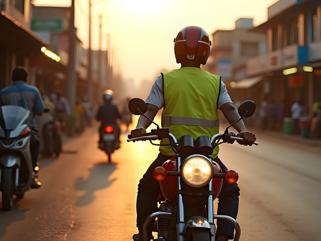 Mason riding a boda boda motorcycle taxi through Kisumu streets