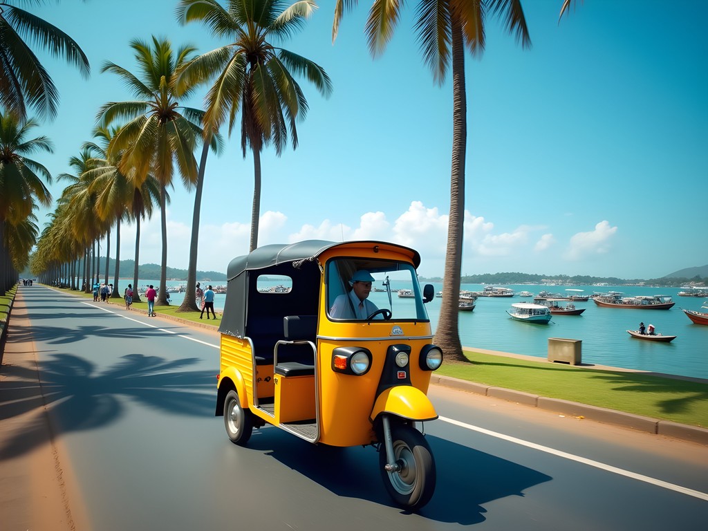 Yellow tuk-tuk driving along Kisumu's lakefront promenade with Lake Victoria in background