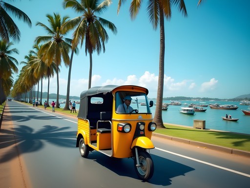Yellow tuk-tuk driving along Kisumu's lakefront promenade with Lake Victoria in background