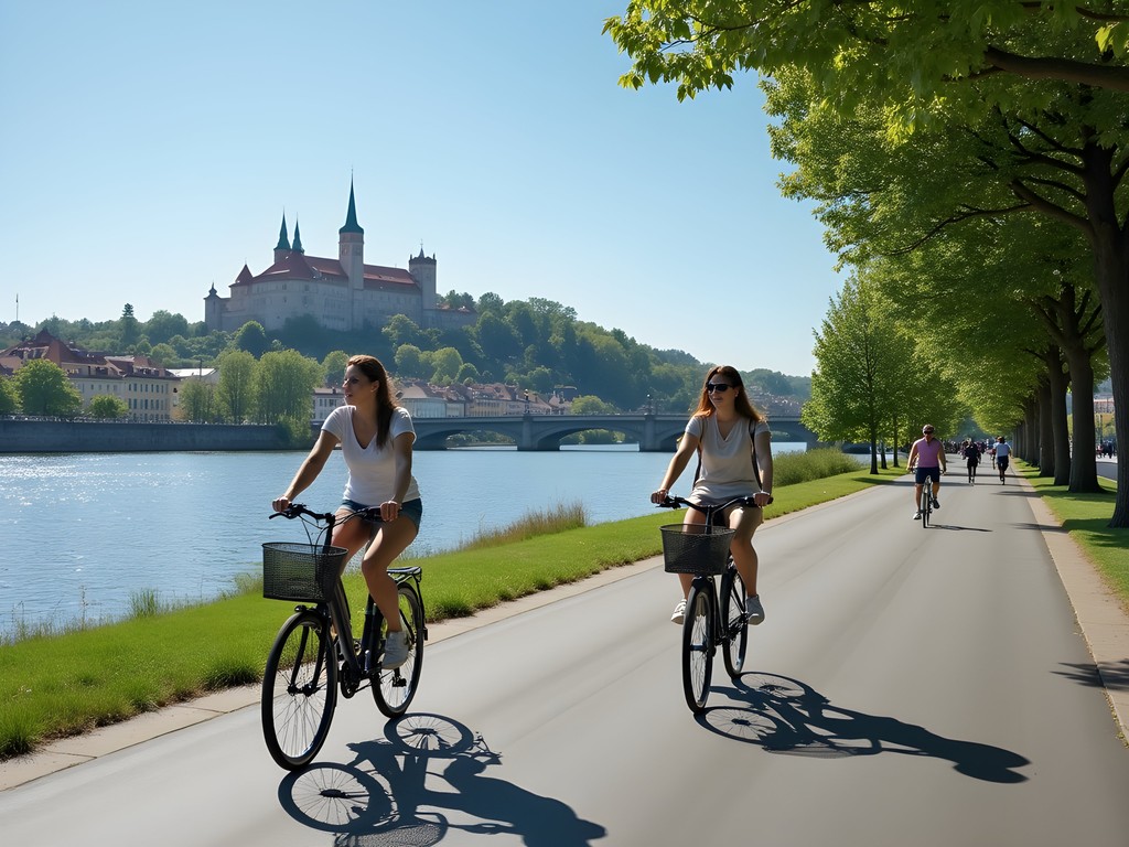 Family cycling along Vistula River boulevard in Krakow with Wawel Castle view