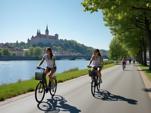 Family cycling along Vistula River boulevard in Krakow with Wawel Castle view