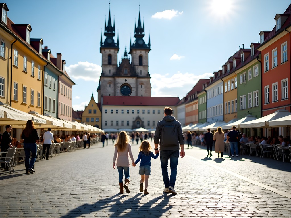 Family walking through Krakow's colorful Main Market Square with historic Cloth Hall in background