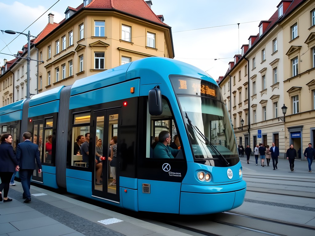 Modern blue tram running through Krakow's historic district with passengers