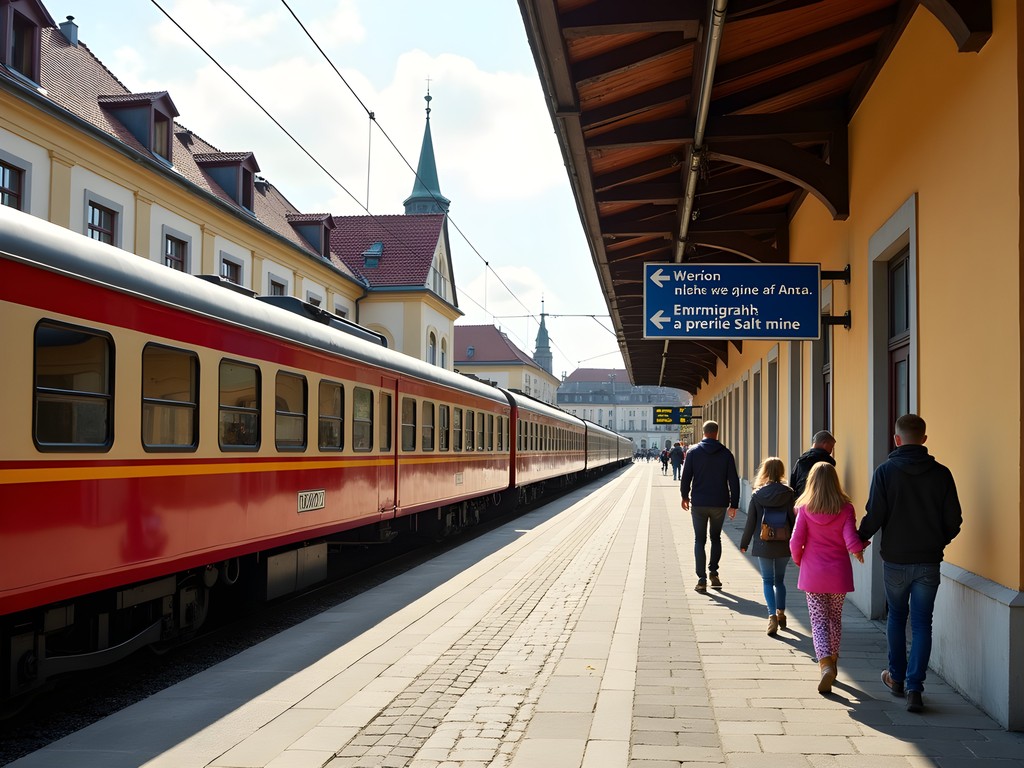 Train station at Wieliczka with clear signage for the famous salt mine