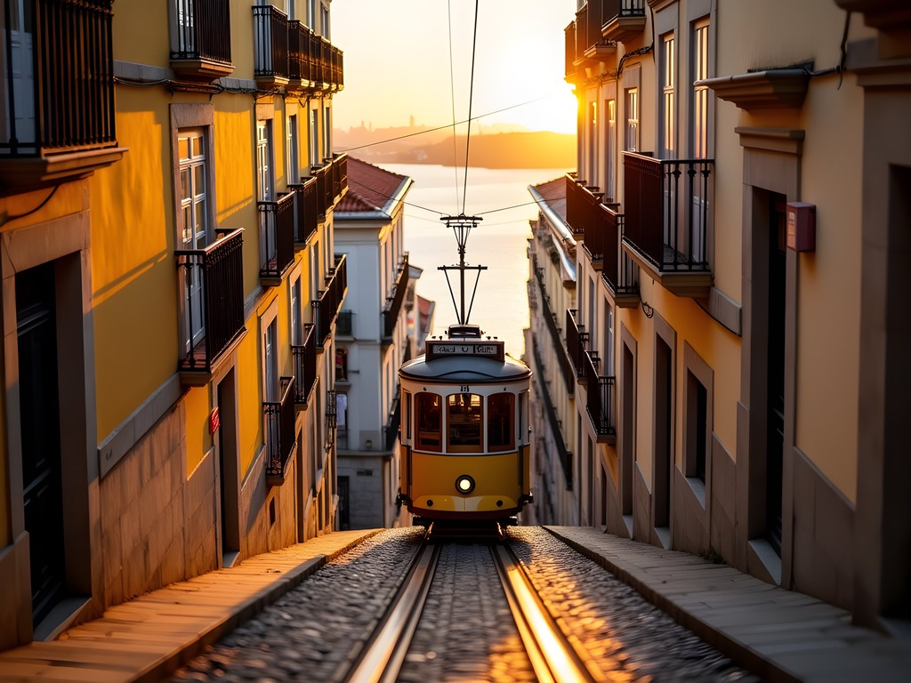 Bica Funicular ascending steep cobblestone street at sunset with Tagus River view