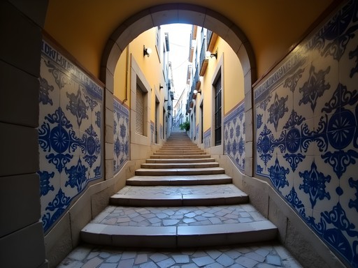 Narrow covered passage in Alfama neighborhood with traditional azulejo tiles