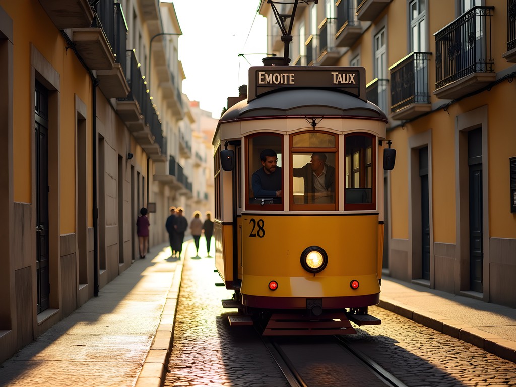 Yellow Tram 28 navigating a narrow street in Alfama during early morning light