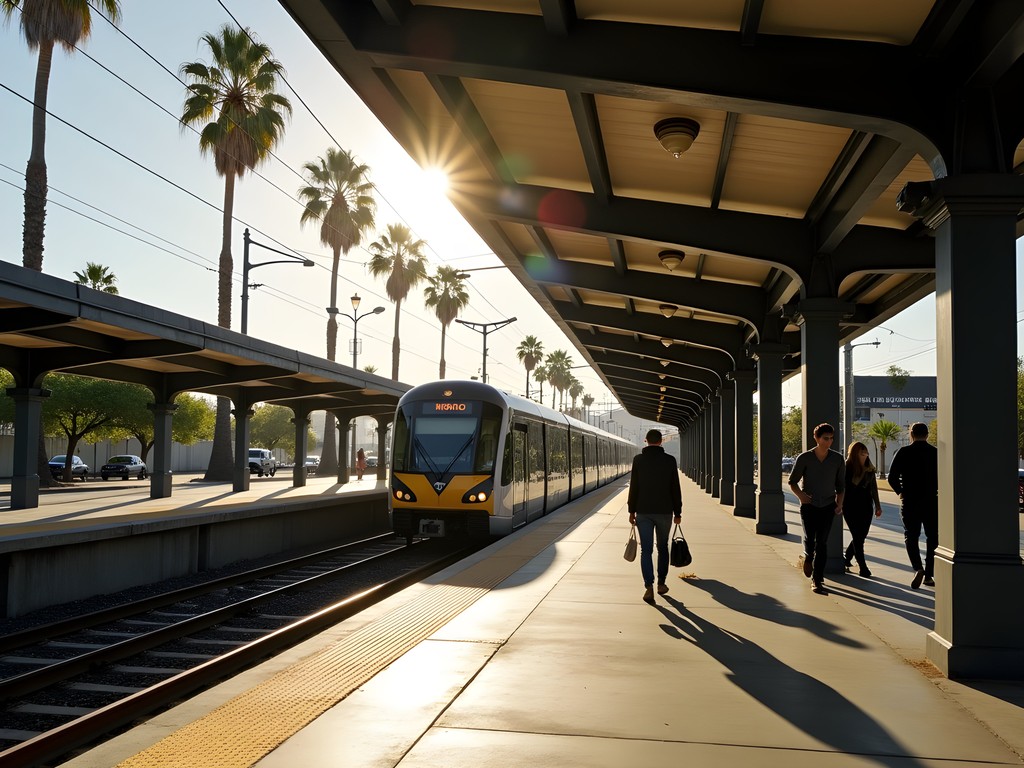 Passenger waiting on outdoor Metro platform in Los Angeles sunshine