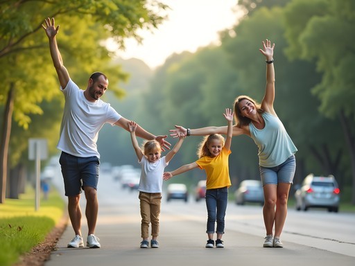 Family stretching and doing simple exercises at bus rest stop