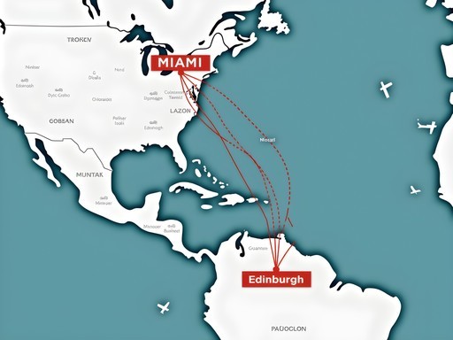 Flight route map showing Miami to Edinburgh connection via London