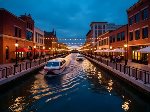 Evening view of Bricktown Canal with water taxis and illuminated buildings